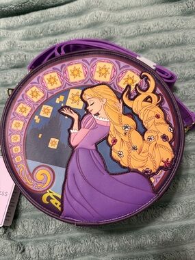 Loungefly Purple Rapunzel Round Crossbody Bag with Golden Hair Accents